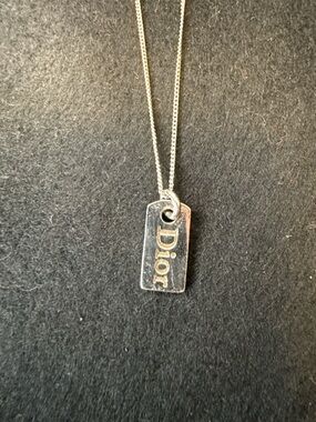 Vintage Christian Dior Silver-Tone Logo Dog Tag Pendant Necklace Y2K